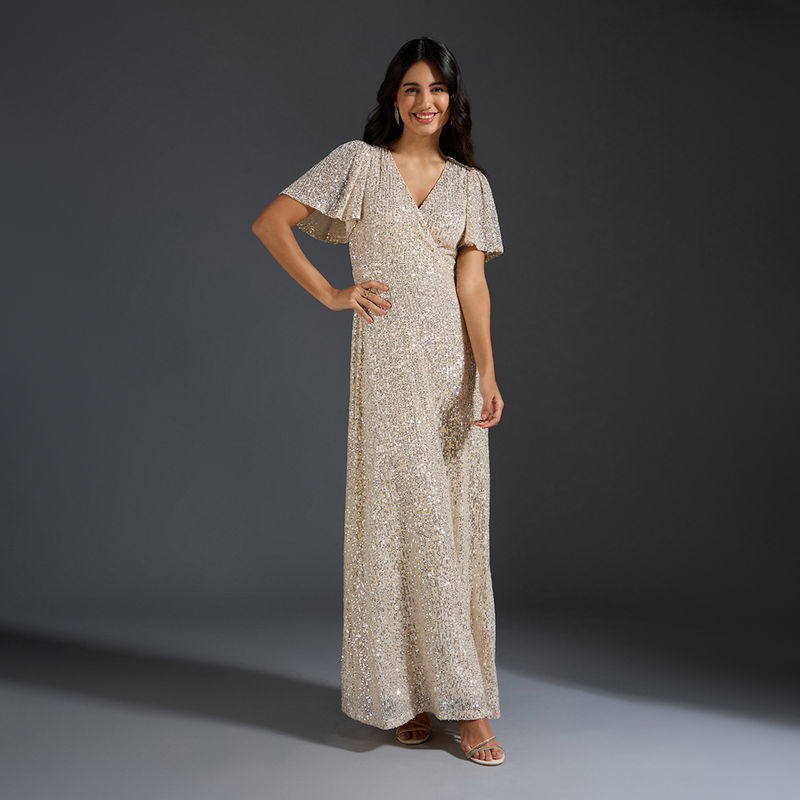 Twenty Dresses by Nykaa Fashion Cream Sequinned V Neck Bell Sleeve Fit and Flare Maxi Dress (S)
