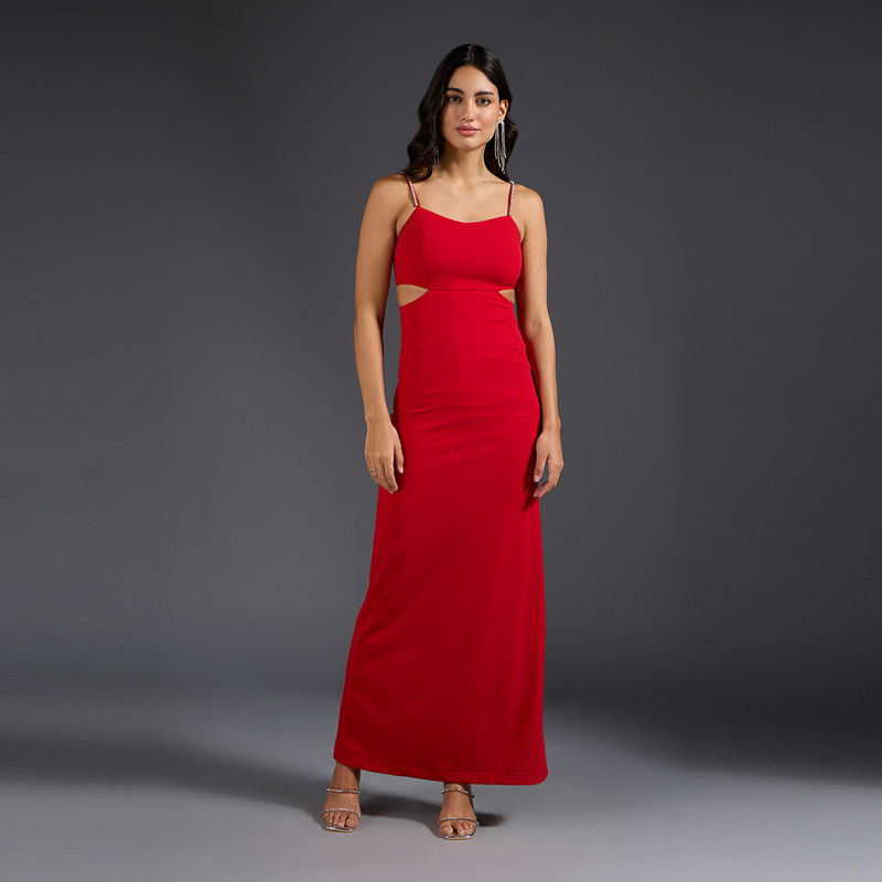 Twenty Dresses by Nykaa Fashion Red Solid Sweetheart Neck Strappy Maxi Dress (M)