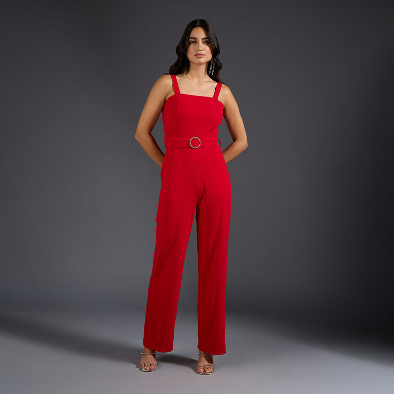 Twenty Dresses by Nykaa Fashion Red Solid Square Neck Studded Belt Jumpsuit (Set of 2) (M)