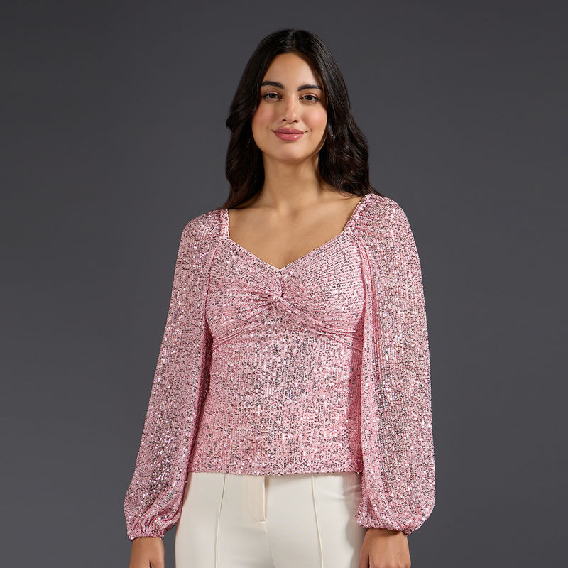 Twenty Dresses by Nykaa Fashion Pink Sequin Sweetheart Neck Puff Sleeve Top (M)