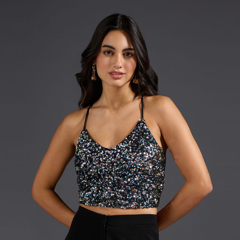 Twenty Dresses by Nykaa Fashion Black Sequin Shoulder Strap Open Back Strappy Tie Up Top (L)