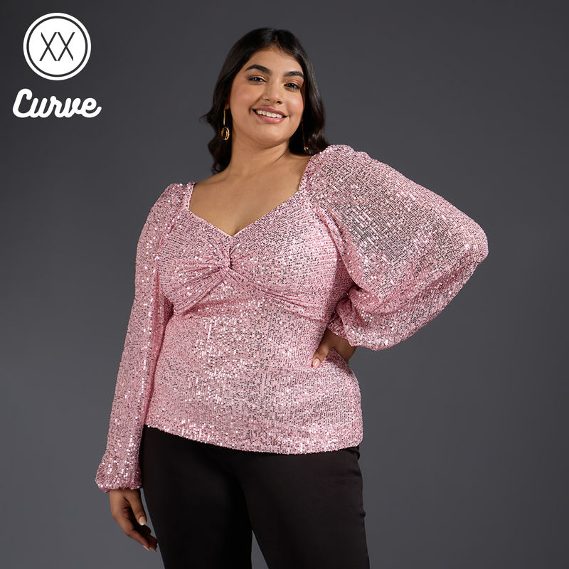 Twenty Dresses by Nykaa Fashion Curve Pink Sequin Sweetheart Neck Puff Sleeve Top (2XL)