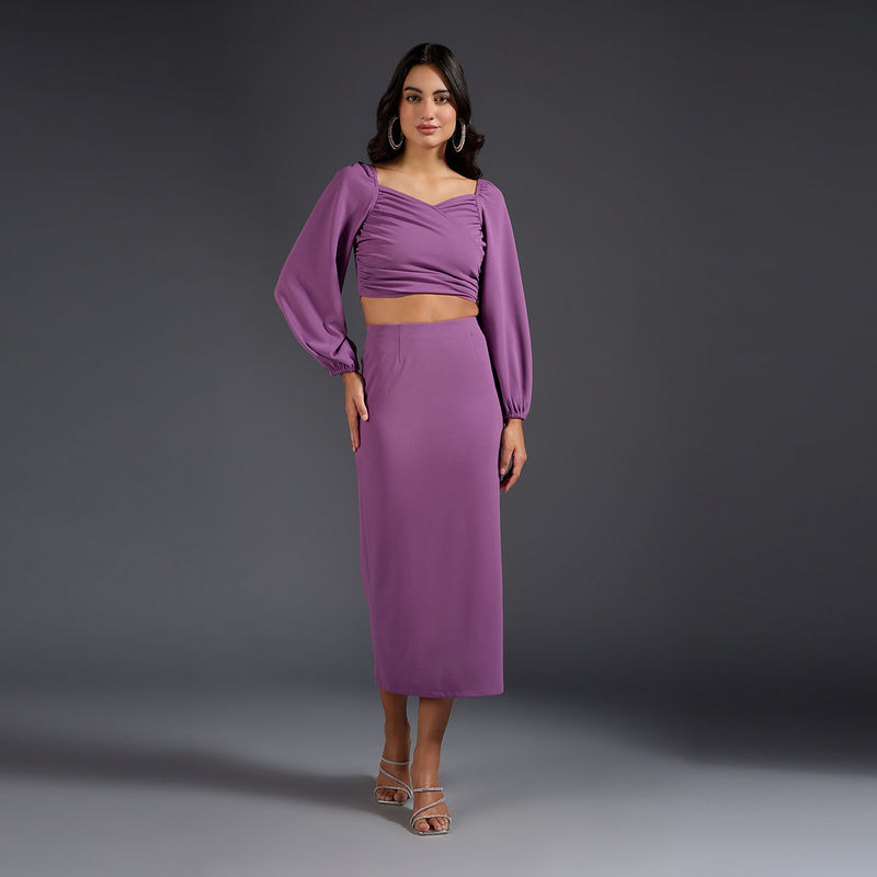 Twenty Dresses by Nykaa Fashion Purple Solid Sweetheart Neck Midi Skirt Co Ord (Set of 2) (XS)