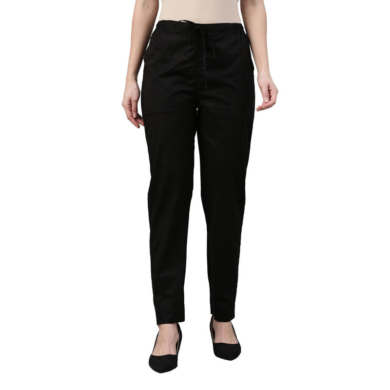 Go Colors Women Solid Black Mid Rise Cotton Pants (L) (L)