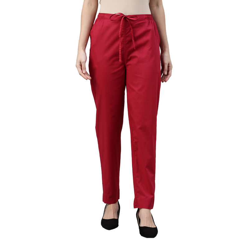 Go Colors Women Solid Cherry Mid Rise Cotton Pants (XL) (XL)