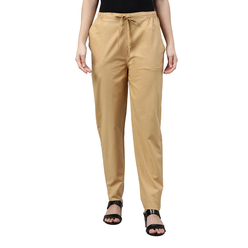 Buy Go Colors Women Solid Wheat Mid Rise Cotton Pants Online