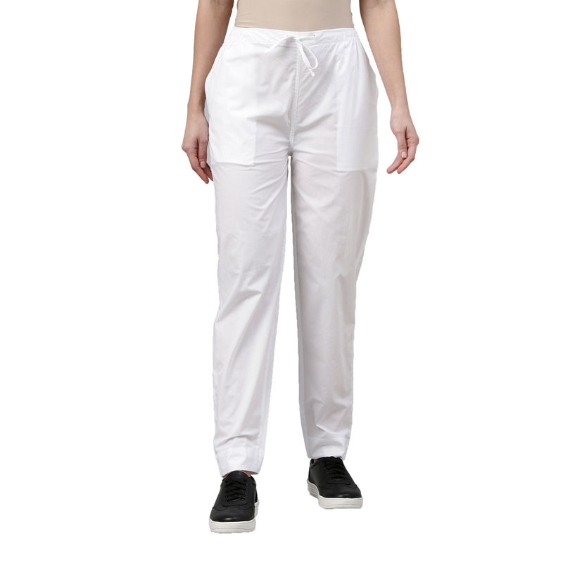Go Colors Women Solid White Mid Rise Cotton Pants (L) (L)