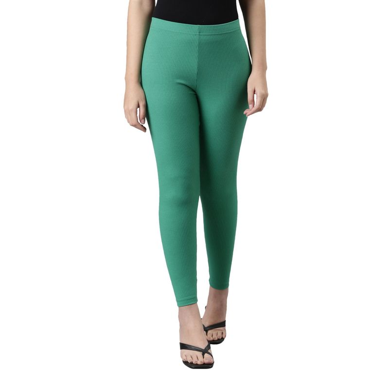 Go Colors Women Solid Emerald Green Ribbed Leggings (S) (S)