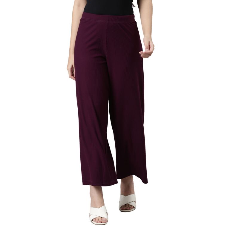 Go Colors Women Solid Dark Wine Mid Rise Ribbed Palazzos (2XL) (2XL)