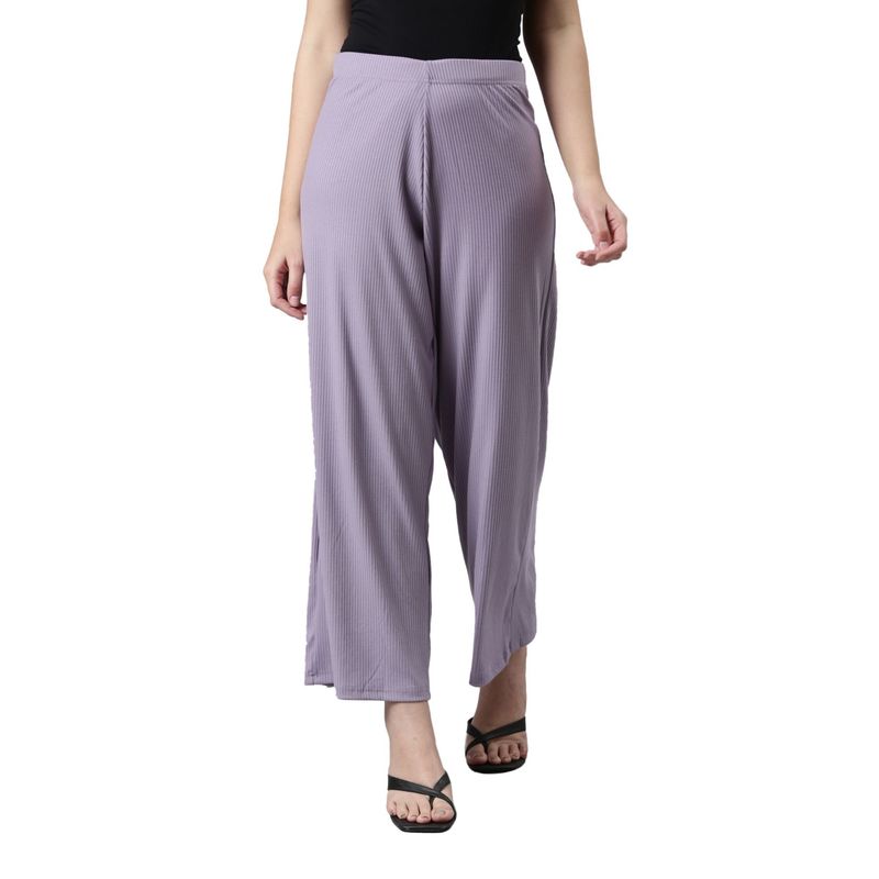 Go Colors Women Solid Dusty Violet Mid Rise Ribbed Palazzos (M) (M)