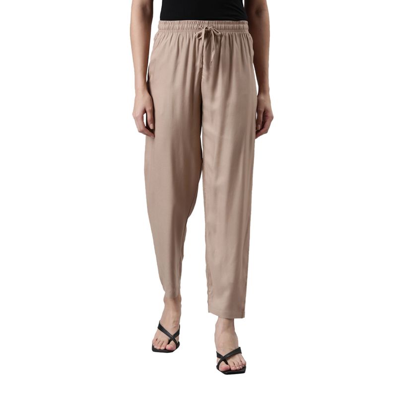 GO COLORS Women Solid Beige Viscose Mid Rise Relaxed Casual Pants - Sm :  : Fashion