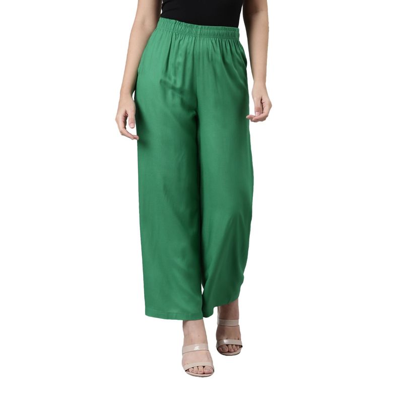Go Colors Women Solid Emerald Green Viscose Knit Mid Rise Palazzos (XL) (XL)