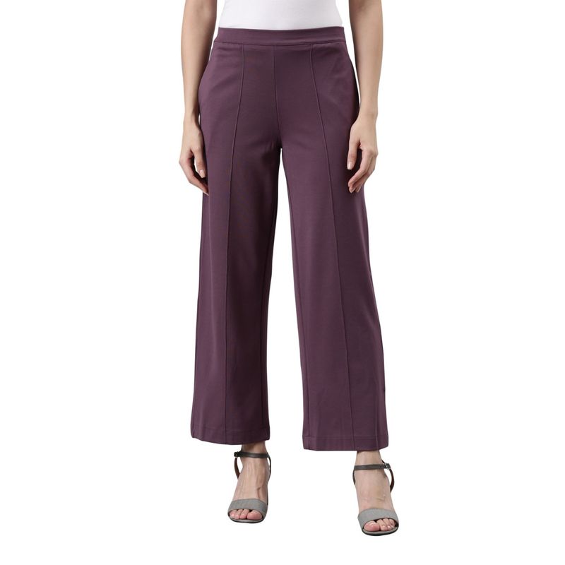 Go Colors Women Solid Purple Ponte Wide Leg Pants (L) (L)