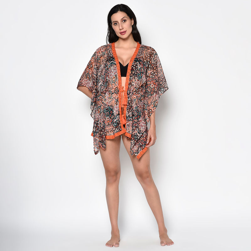 Da Intimo Printed Lacey Cover-up Swim Dress - Orange (M)