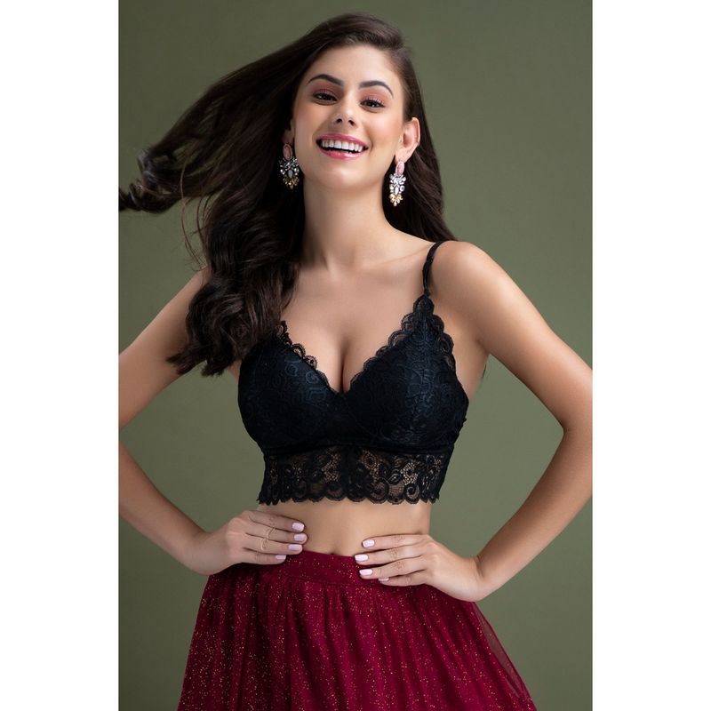 Clovia Lace Solid Padded Full Cup Wire Free Bralette Bra - Black (34C)