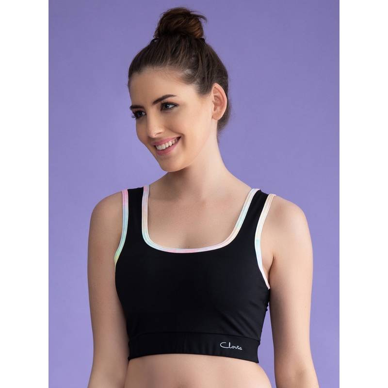 Clovia Medium Impact Padded Non-Wired Sports Bra with Removable Cups in Black (XXL)