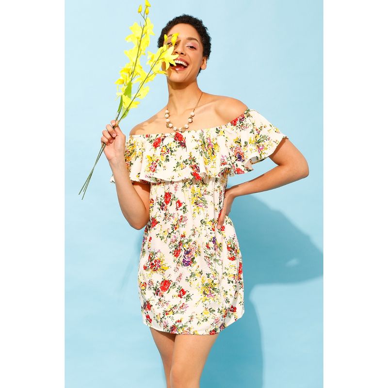 Clovia Pretty Florals Resortwear Bardot Dress in - Crepe White (S)