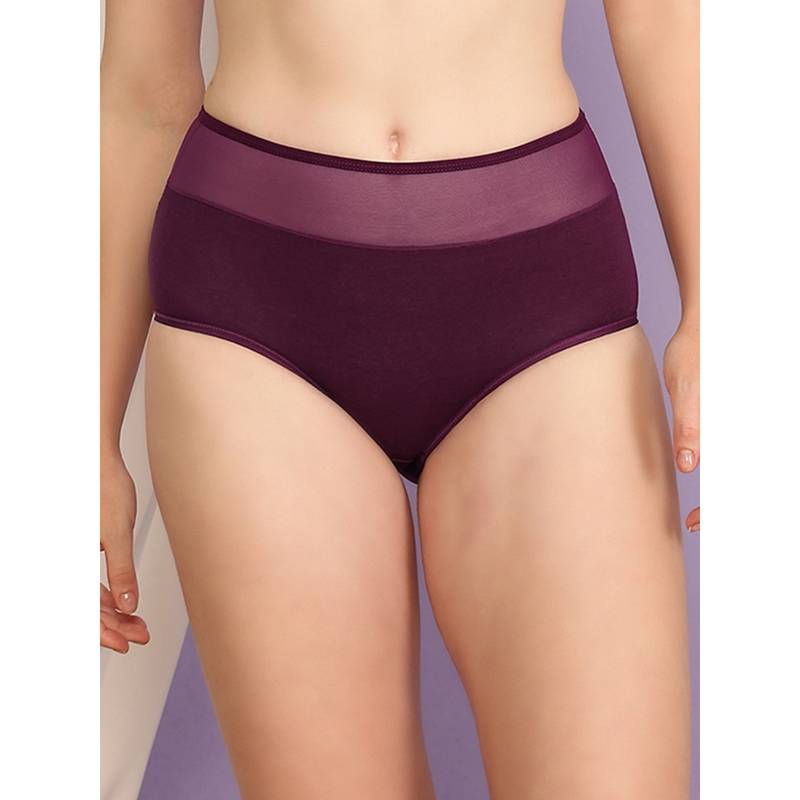 Clovia Cotton Hipster With High Waist Powernet Band - Purple (L)