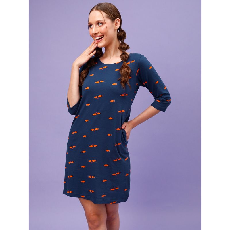 Clovia Pretty Printed Short Night Dress - 100 Percent Cotton -Navy Blue (S)