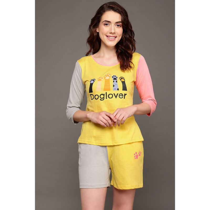 Clovia Print Top & Chic Basic Shorts Set - 100 Percent Cotton -Yellow (M)