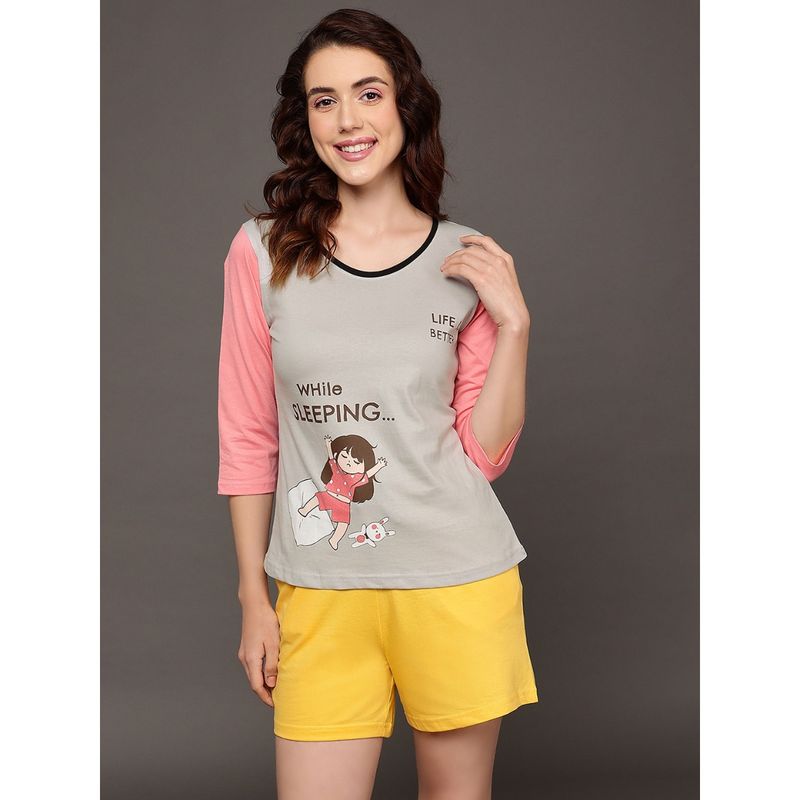 Clovia Print Top & Chic Basic Shorts Set - 100 Percent Cotton -Grey (L)