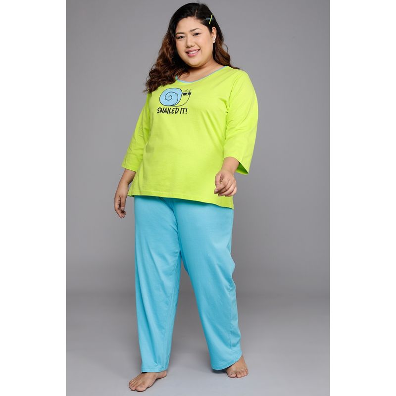 Clovia Printed Top & Chic Basic Pyjama - 100 Percent Cotton -Green (S)