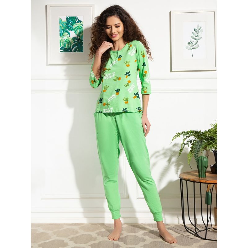 Clovia Cactus Print Top & Chic Basic Pyjama in Mint Green Pure Cotton (Set of 2) (S)