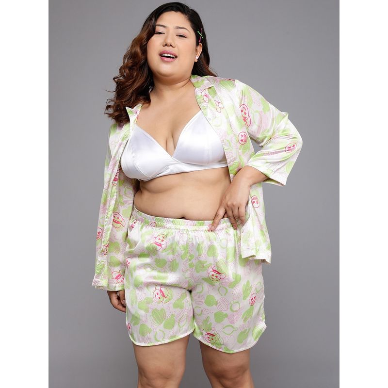 Clovia Cactus & Emoji Print Nightwear In White Satin (Set of 3) (XL)