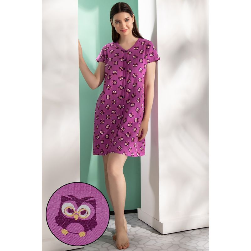 Clovia Purple Cotton Printed Short Night Dress (S)