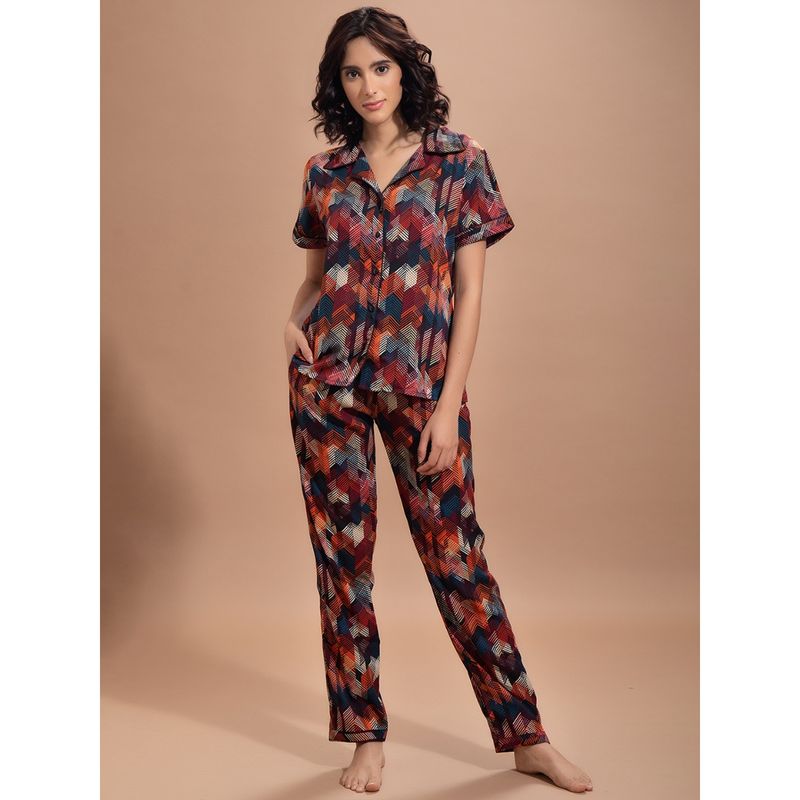 Clovia Button Me Up Shirt & Pyjama Set in Multicolour- Crepe (XXL)