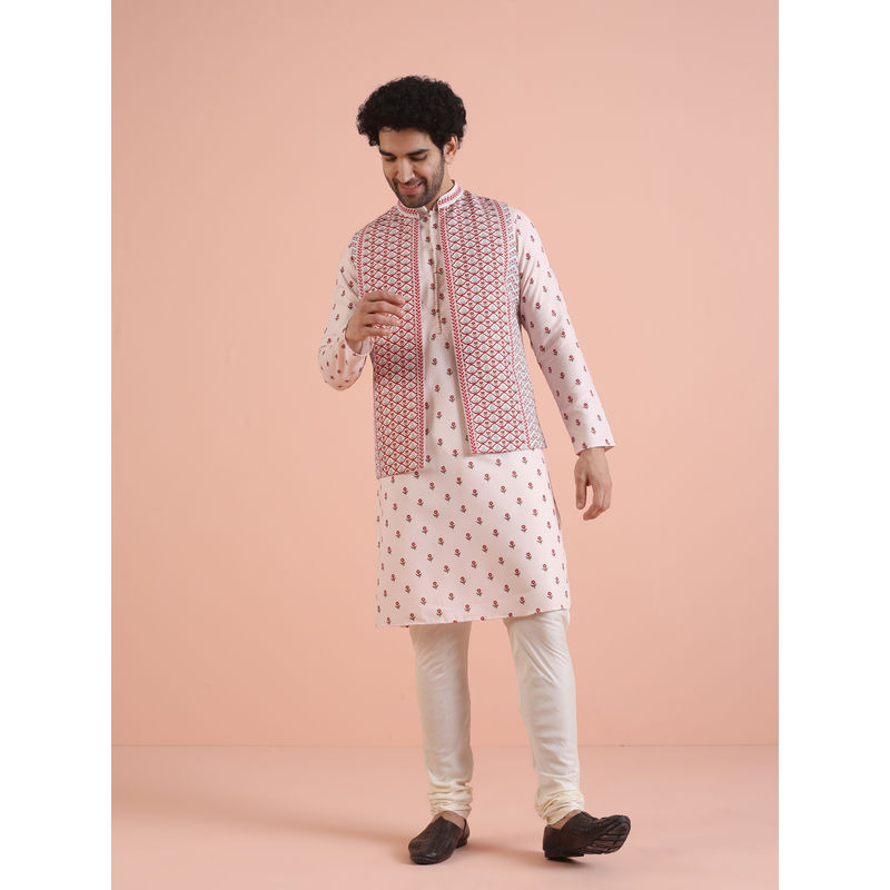 KISAH Mens Pink Floral Printed Kurta with Jacket & Churidar (Set of 3) (42)