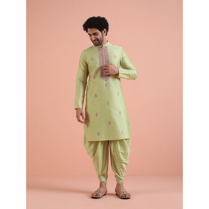 KISAH Mens Green Embroidered Ethnic Motifs Kurta with Dhoti (Set of 2) (40)