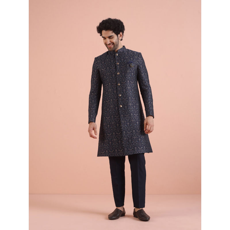 KISAH Mens Navy Blue Self Design Ethnic Motifs Sherwani with Pant (Set of 2) (44)