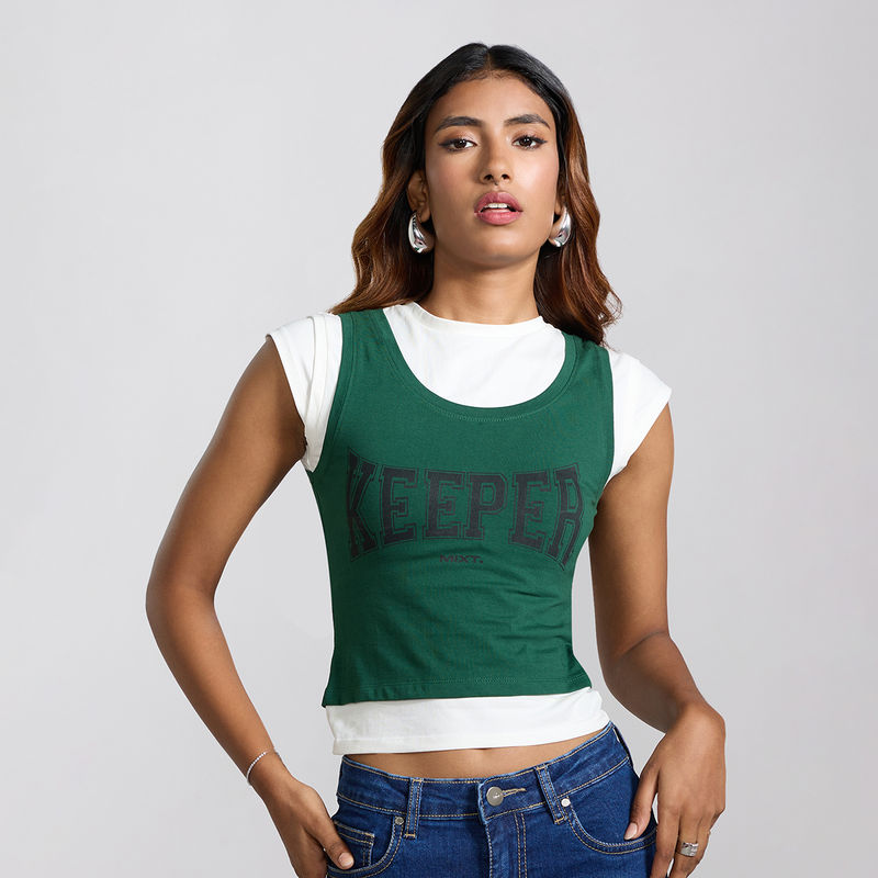 MIXT by Nykaa Fashion Green Graphic Cap Sleeves Crop Top (XS)