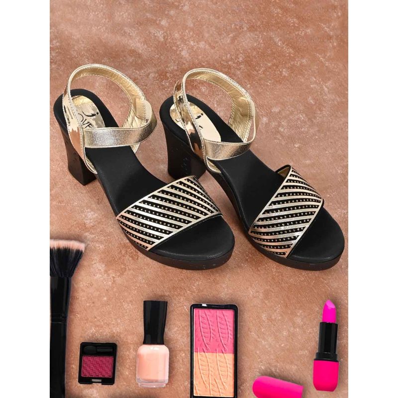 Jove Women Golden Metallic Heel Sandals (EURO 36)