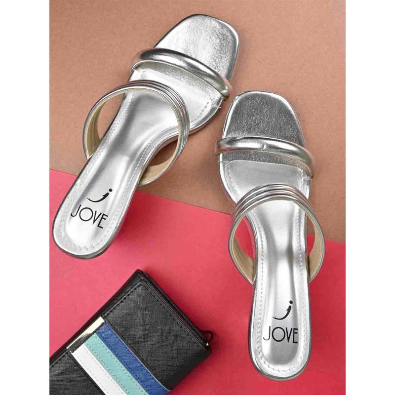 Jove Women Silver Open Back Heels Heel Sandals (EURO 39)
