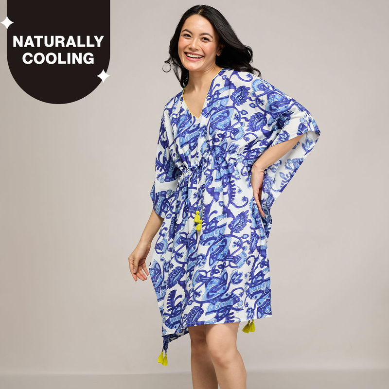 Nykd By Nykaa Breezy Rayon Kaftan With Tasselled Tie-Up At Waist Nys136 Blue (L)