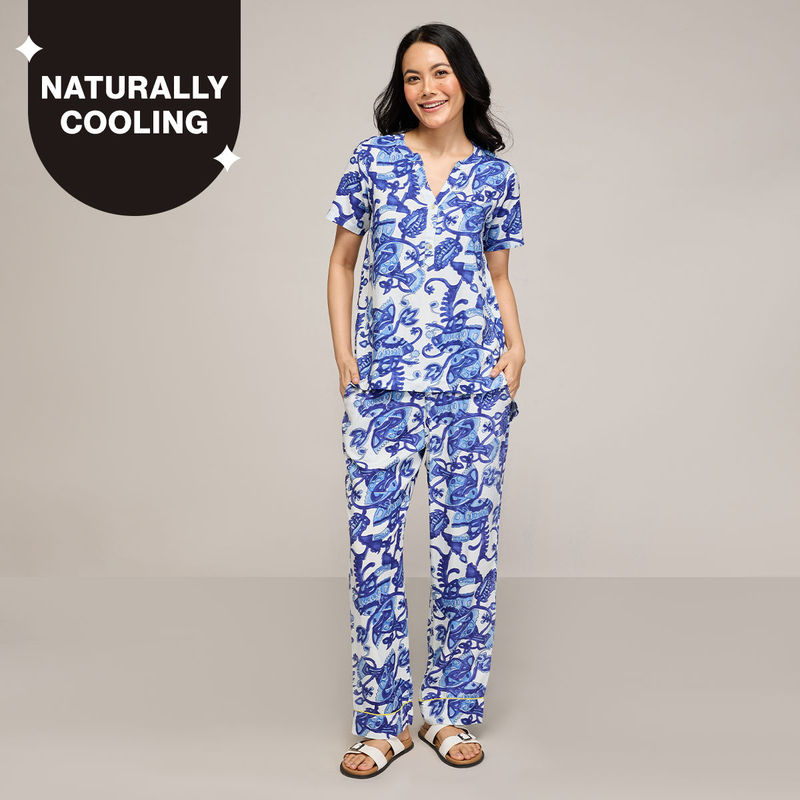 Nykd By Nykaa Breezy Rayon Pyjama Coord Set With Flattering High Low Hem Top Nys933 Blue (L)