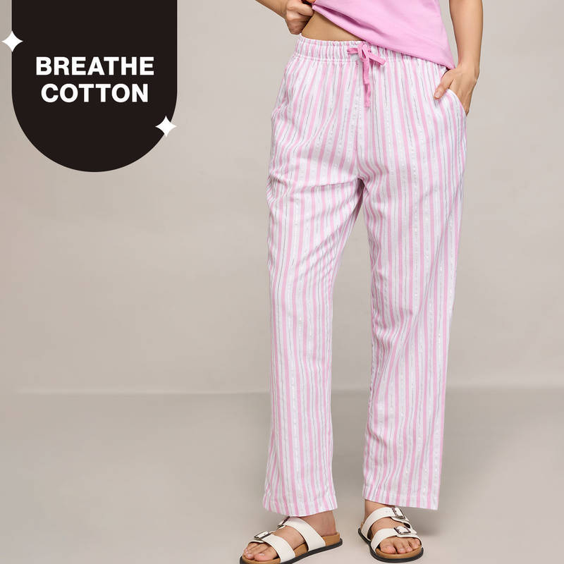 Nykd By Nykaa Essential Cotton Pyjama With Adjustable Elasticated Waist & Pockets Nys141 Pink Lurex Stripe (XL)