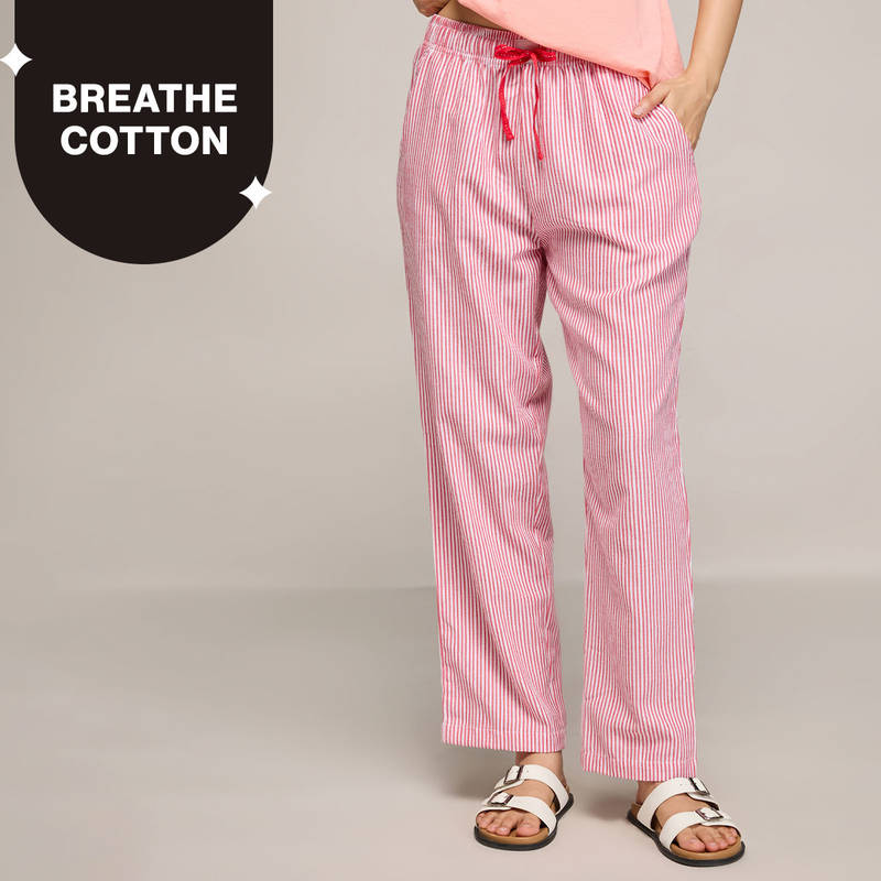 Nykd By Nykaa Essential Cotton Pyjama With Adjustable Elasticated Waist & Pockets Nys141 Coral Stripe (2XL)