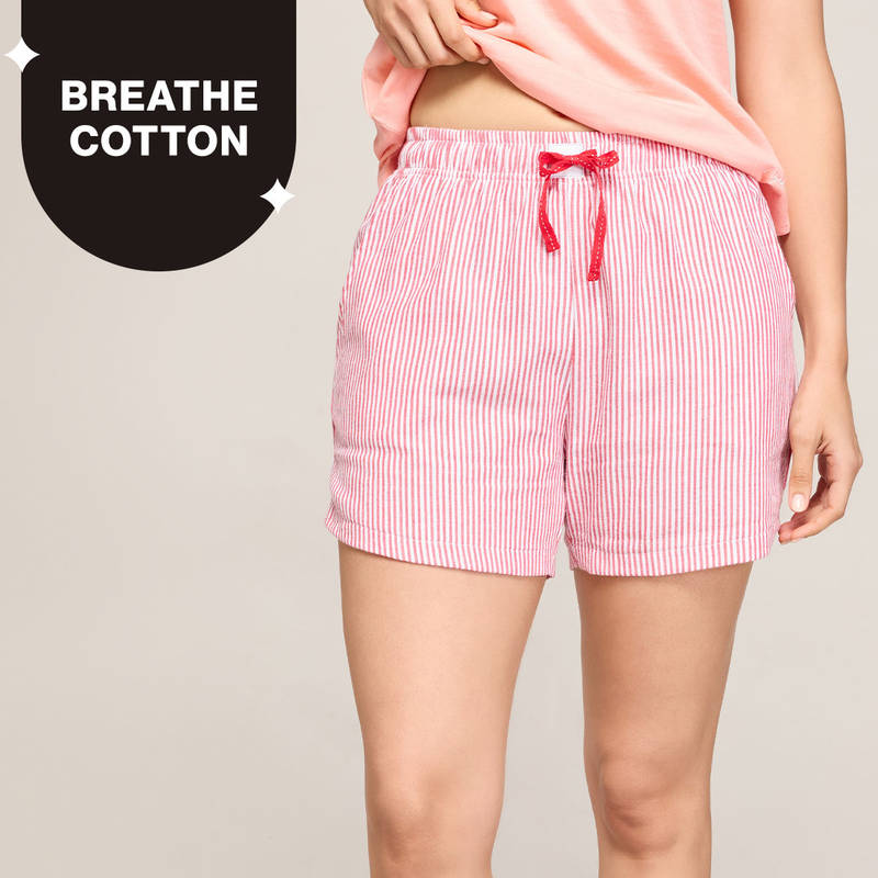 Nykd By Nykaa Essential Cotton Shorts With Pockets & Adjustable Waist Nys914 Coral Stripe (L)