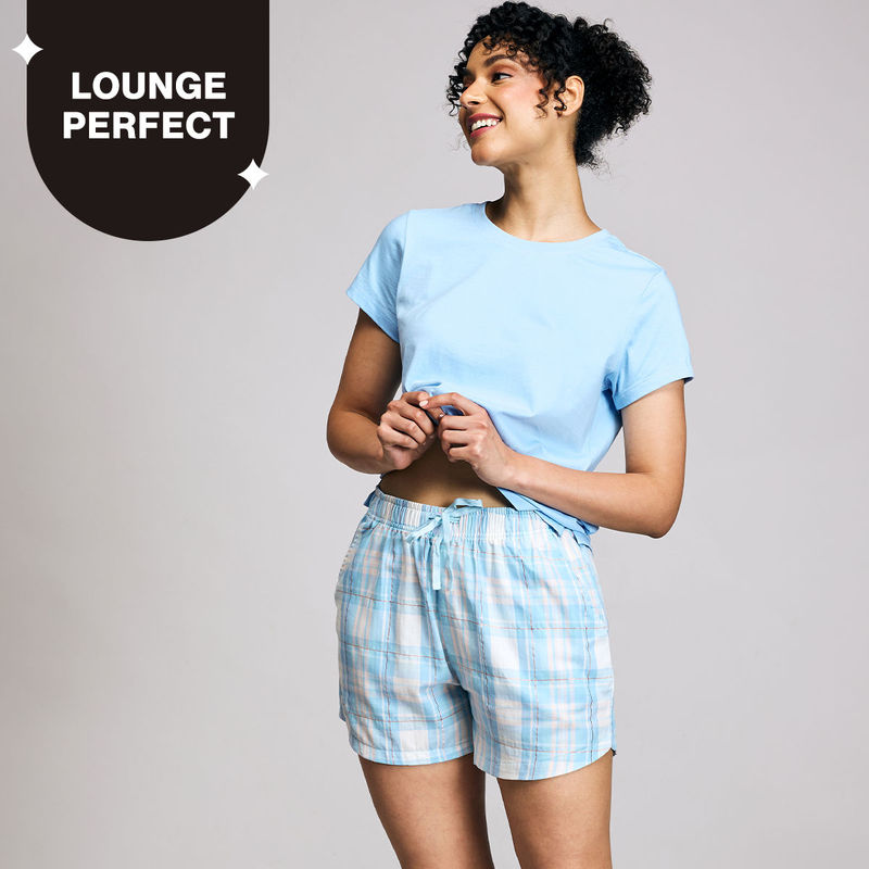 Nykd By Nykaa Essential Cotton Shorts Coord Set With Crew Neck Cotton Knit Tee Nys942 Blue (2XL)
