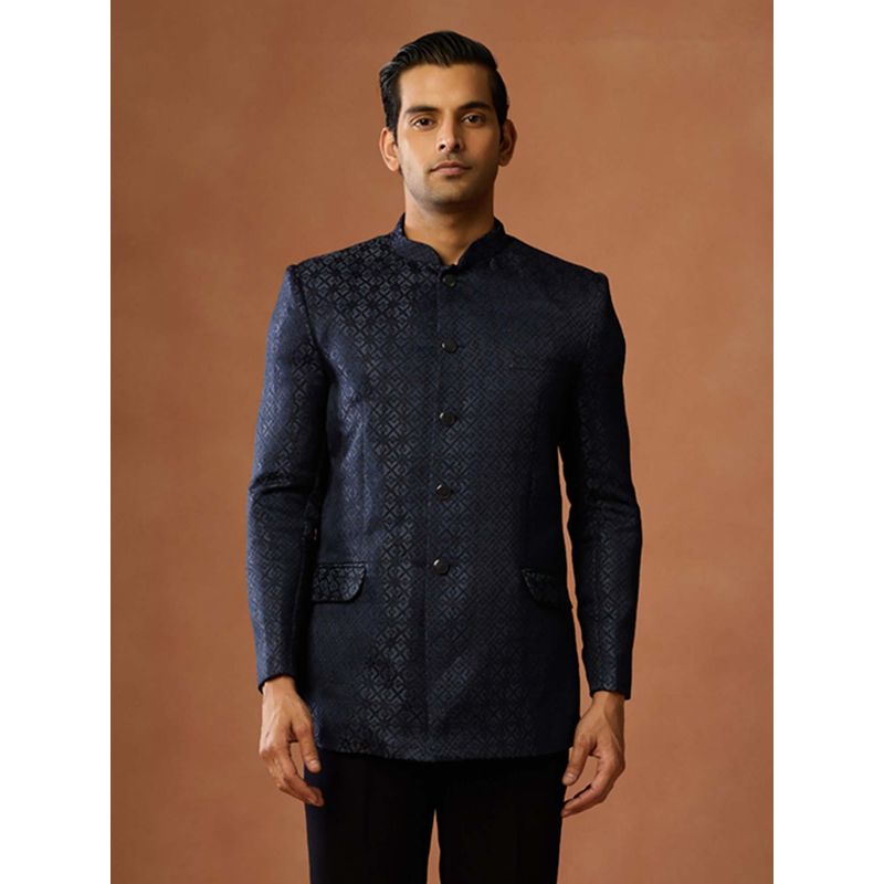 KISAH Men Navy Blue Geometric Bandhgala (40)