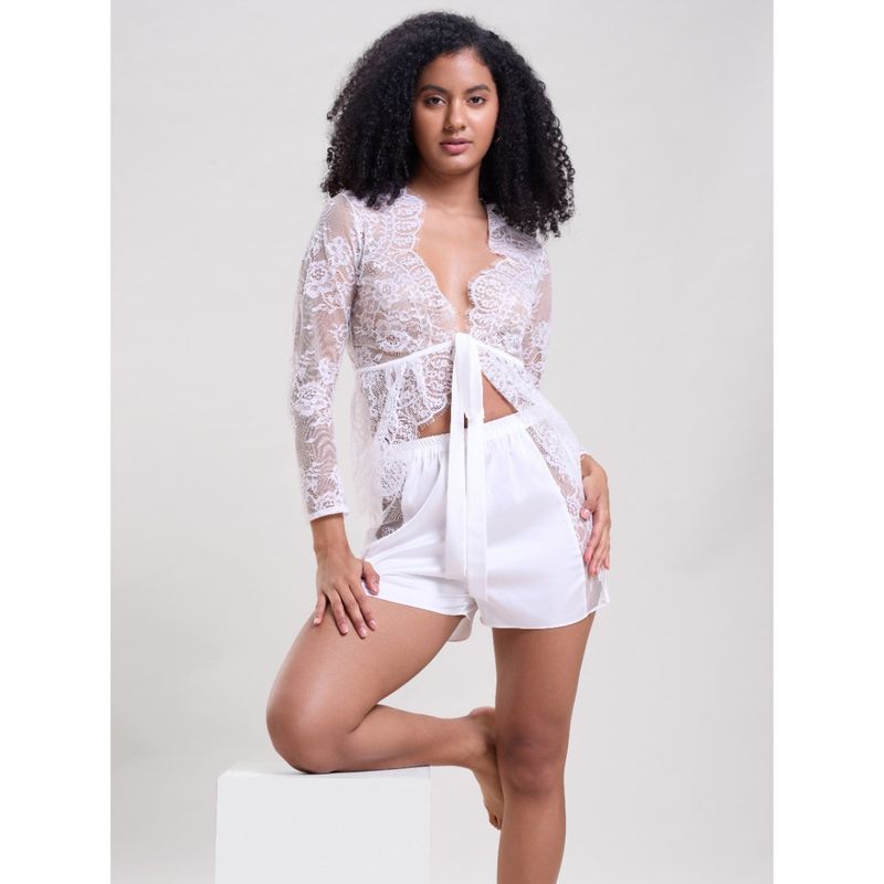 Mysthelle White Self Design Comfortable Fit Shrug and Shorts (Set of 2) (S)