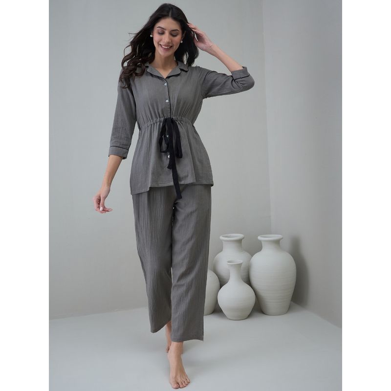 SAY Grey Solid Regular Fit Shirt and Pyjama (Set of 2) (XS)