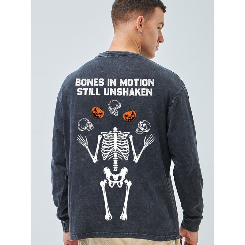 Bewakoof Men's Black Bones in Motion Still Unshaken Graphic Printed Oversized Acid Wash T-shirt (S)