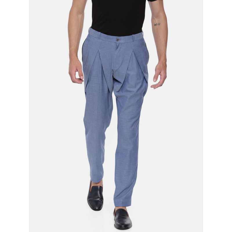 MAYANK MODI Men's Blue Pleated Cotton Trouser (S)
