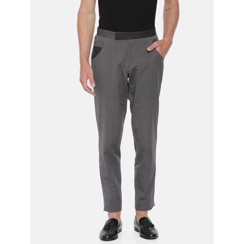 MAYANK MODI Men's Grey Solid Cotton Trouser (S)