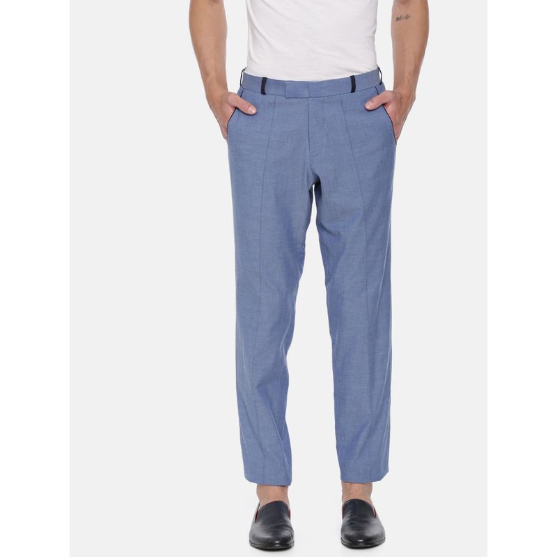 MAYANK MODI Men's Blue Solid Cotton Trouser (S)