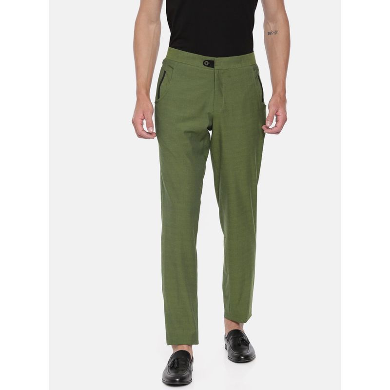 MAYANK MODI Men's Green Solid Cotton Trouser (S)